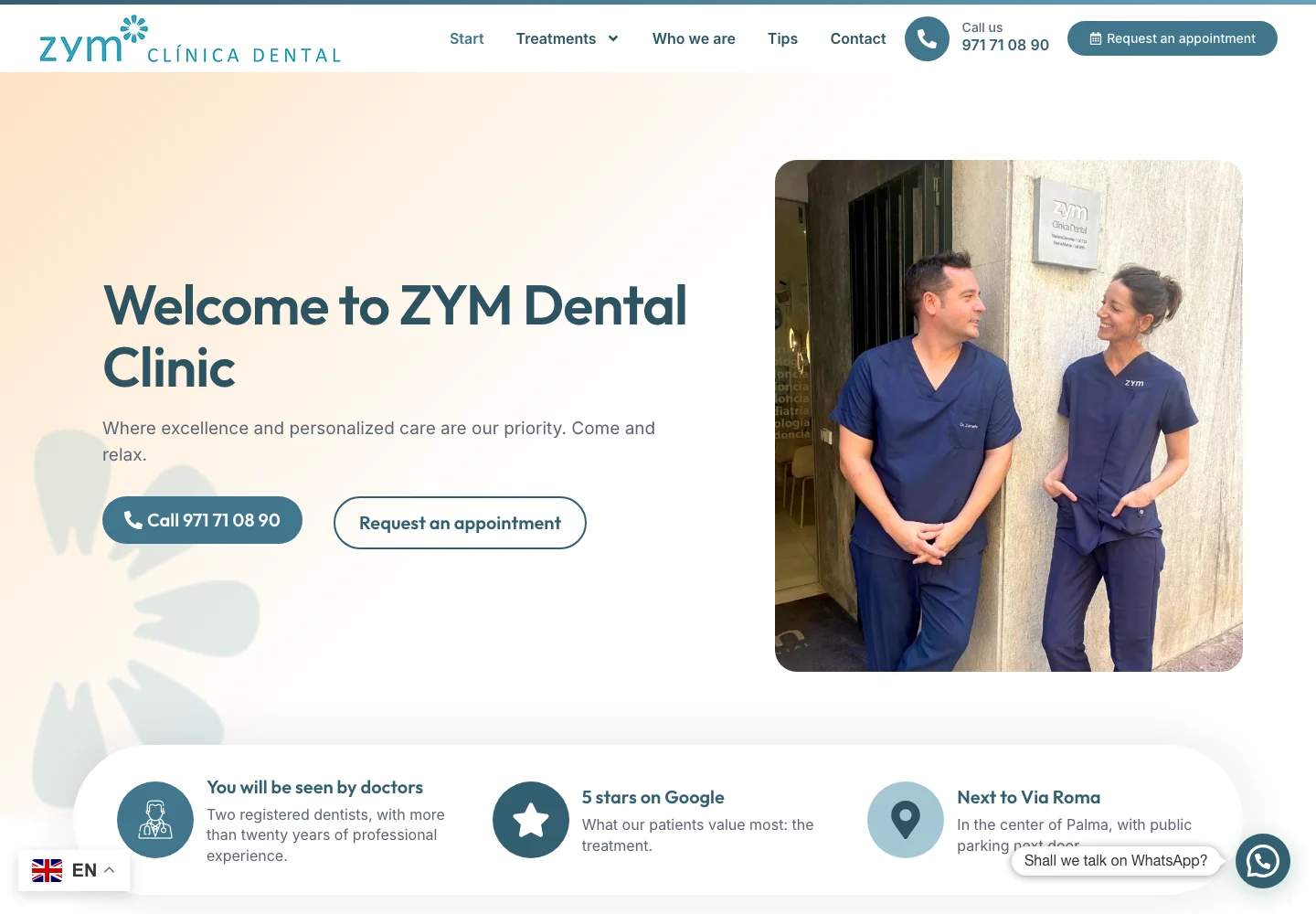 ZYM Clínica Dental homepage in English